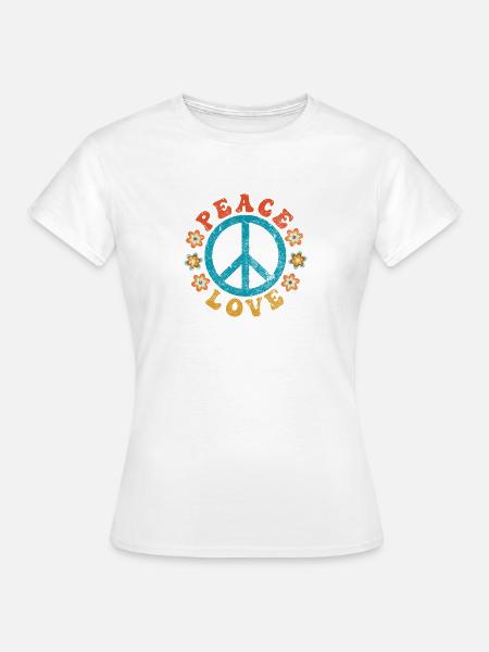 Peace & Love - Hippie Friedenszeichen mit Blumen - Frauen T-Shirt - Weiß