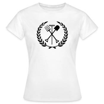 Gartengeräte Rechen, Schaufel, Mistgabel - Frauen T-Shirt - Weiß - Vorne - AI Model Female 172 dark (172cm)