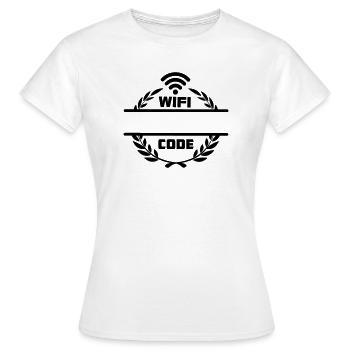 Wifi code in laurel wreath with blank text bar - Women's T-Shirt - white - Front - AI Model Female 172 dark (172cm)