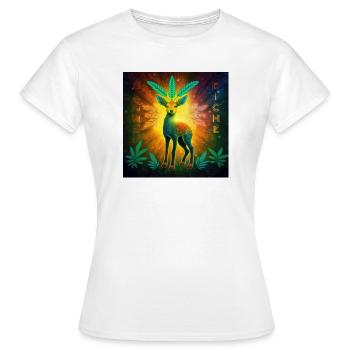 Kosmisches Reh mit Cannabisblättern - Frauen T-Shirt - Weiß - Vorne - AI Model Female 172 dark (172cm)