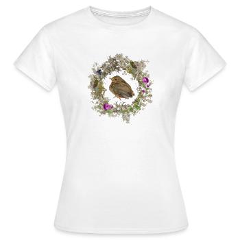 Robin with delicate flowers and blues - Women's T-Shirt - white - Front - AI Model Female 172 dark (172cm)