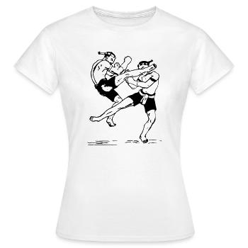 Muai Kämpfer mit Lowkick und Sprungkick - Frauen T-Shirt - Weiß - Vorne - AI Model Female 172 dark (172cm)