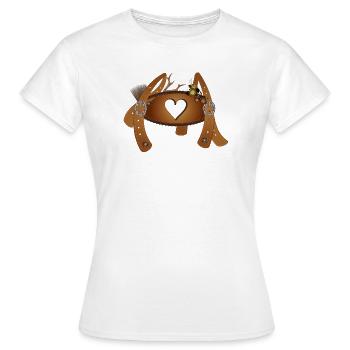 Crossbar with heart on suspenders of leather pants - Women's T-Shirt - white - Front - AI Model Female 172 dark (172cm)