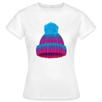 farbige Mütze in Strick Optik mit großer Bommel - Frauen T-Shirt - Weiß - Vorne - AI Model Female 172 dark (172cm)