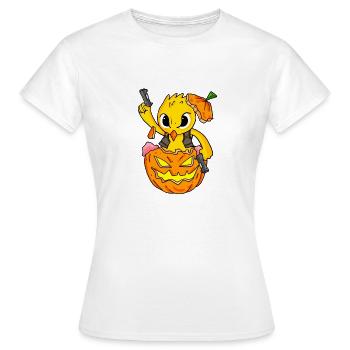 Halloween chick blows up pumpkin funny - Women's T-Shirt - white - Front - AI Model Female 172 dark (172cm)
