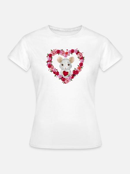 weiße Maus mit Rosen Herz zum Valentinstag - Frauen T-Shirt - Weiß