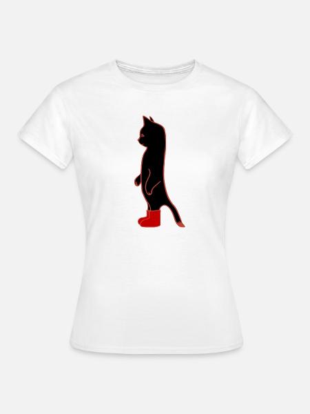 Schwarze Katze mit roten Stiefeln - Frauen T-Shirt - Weiß
