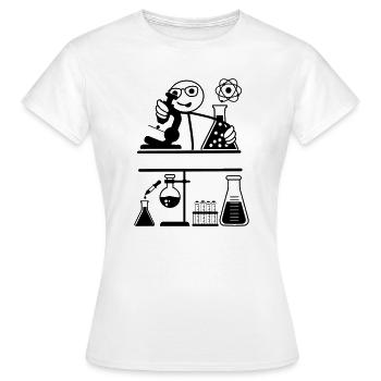 Labor mit Strichmännchen schaut ins Mikroskop - Frauen T-Shirt - Weiß - Vorne - AI Model Female 172 dark (172cm)