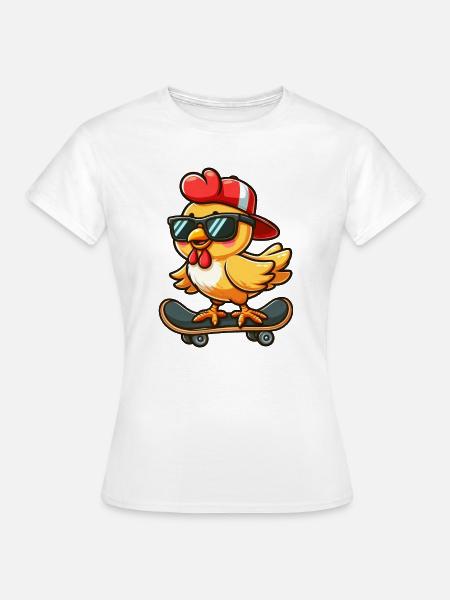 poulet poule coq planche à roulettes bande dessinée dessin animé - T-shirt Femme - blanc