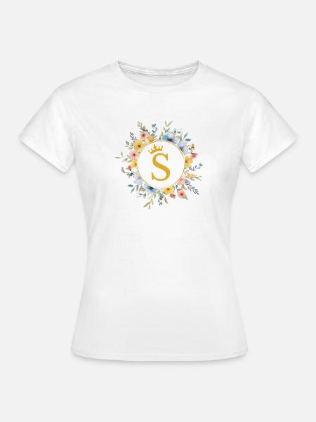 S Monogramm, Blumen-Kreis, personalisierbar - Frauen T-Shirt - Weiß