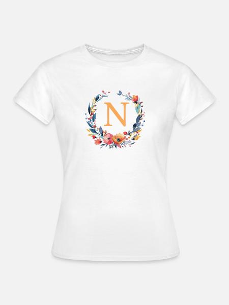 N Monogramm, Blumen-Kranz, personalisierbar - Frauen T-Shirt - Weiß