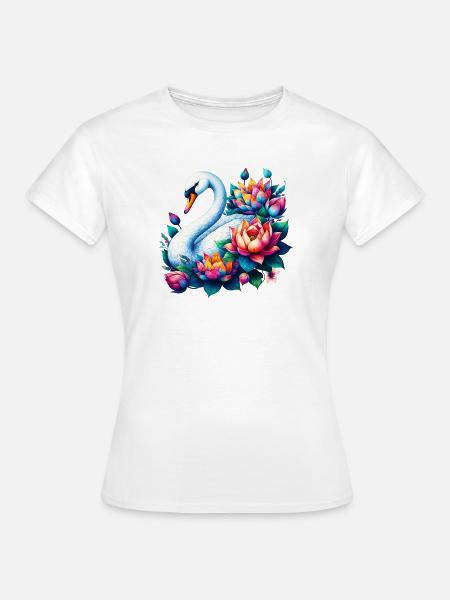 Schwan verziert mit Lotusblüten - Frauen T-Shirt - Weiß