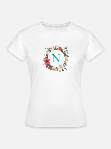 N Monogramm, Blumen-Kranz, personalisierbar - Frauen T-Shirt - Weiß