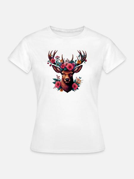 Hirsch mit Blumen - Frauen T-Shirt - Weiß