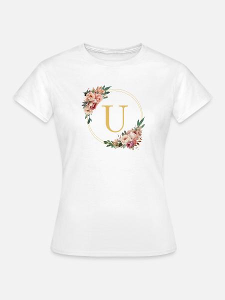 U Monogramm, Blumen-Kranz, personalisierbar - Frauen T-Shirt - Weiß