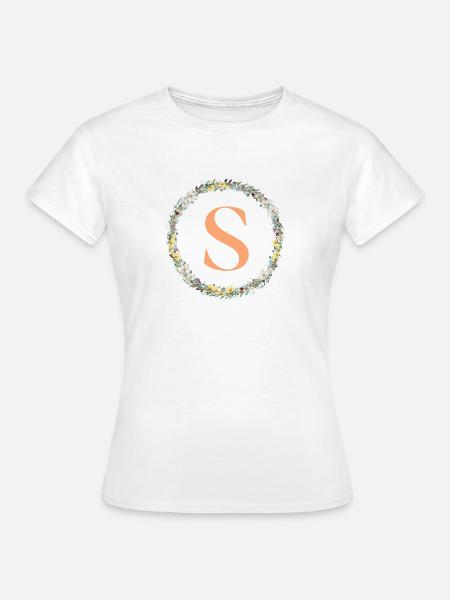 S Monogramm, Blumen-Kranz, personalisierbar - Frauen T-Shirt - Weiß