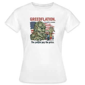 Greedy Greedflation Cartoon Design - T-shirt Femme - blanc - Devant - AI Model Female 172 dark (172cm)