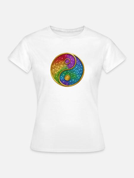 Regenbogen-Yin-Yang mit funkelnden Sternen - Frauen T-Shirt - Weiß