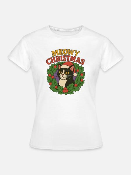 Festliches Katzen-Weihnachtskranz-Design - Frauen T-Shirt - Weiß