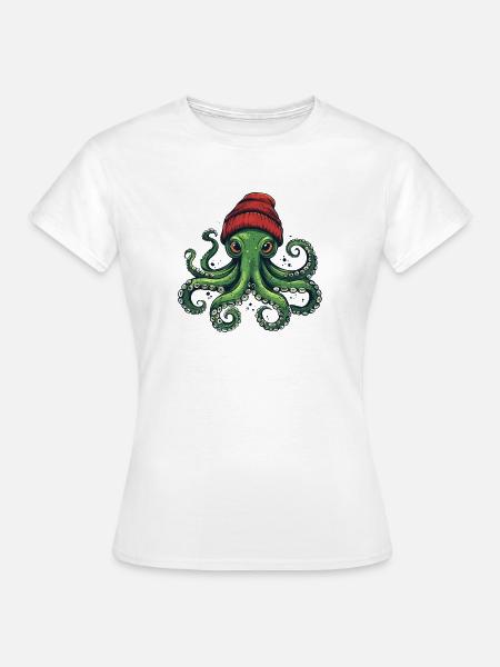 Oktopus mit roter Mütze - Frauen T-Shirt - Weiß