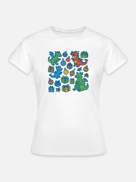 Festlicher Cartoon Drache und Geschenkmuster - Frauen T-Shirt - Weiß
