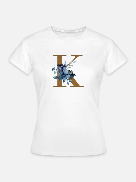 K Monogramm mit Blauen Blüten - Frauen T-Shirt - Weiß