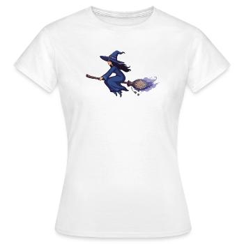 Hexe auf Besen in Zauberblau - Frauen T-Shirt - Weiß - Vorne - AI Model Female 172 dark (172cm)