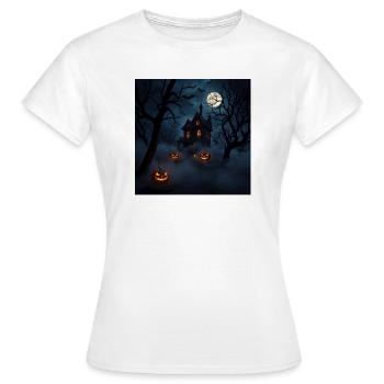 Spukhaus unter Mond und Kürbissen - Frauen T-Shirt - Weiß - Vorne - AI Model Female 172 dark (172cm)
