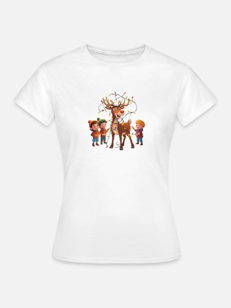 Rentier mit Lichterkette und Kindern - Frauen T-Shirt - Weiß