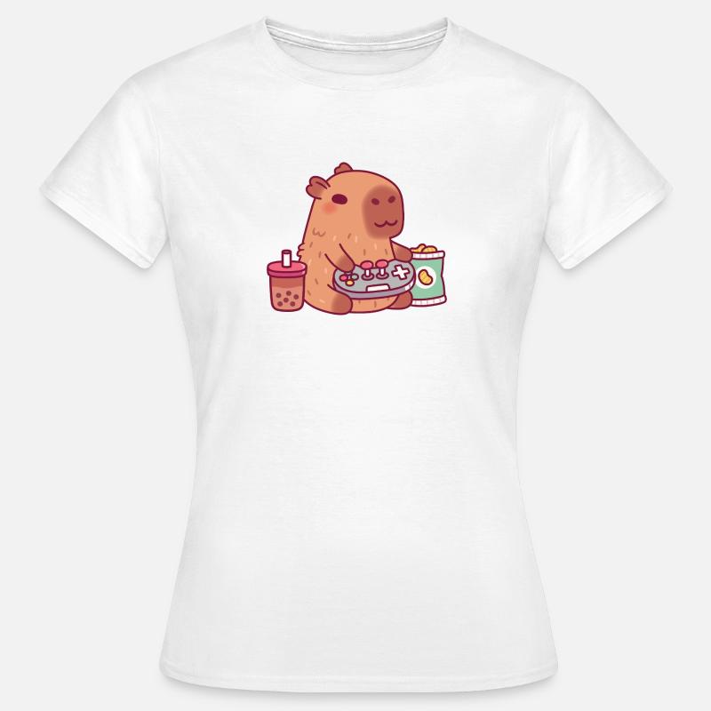 carino capibara che gioca ai videogiochi con il tè boba - Maglietta da donna - bianco