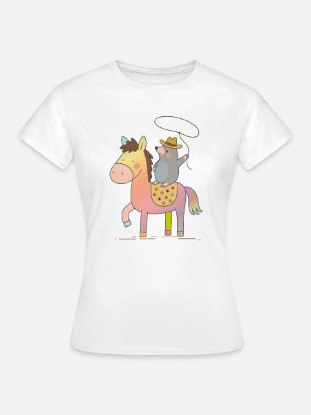 Fröhlicher Maulwurf reitet auf buntem Pferd - Frauen T-Shirt - Weiß