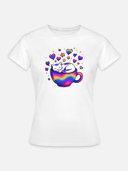 Regenbogenkatze im Becher - Frauen T-Shirt - Weiß