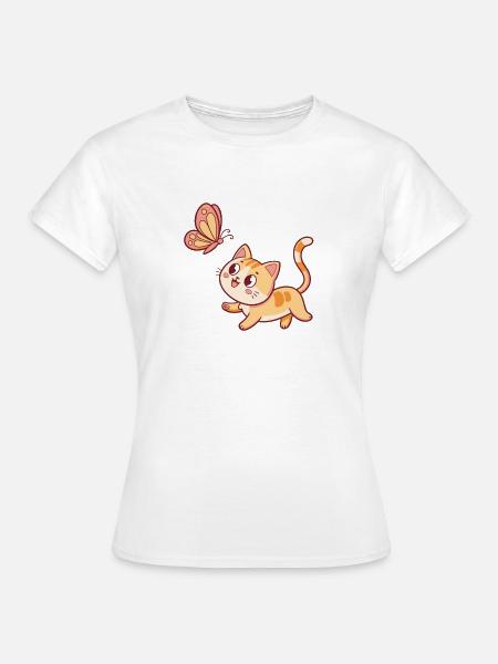 Neugierige Katze und Schmetterling - Frauen T-Shirt - Weiß