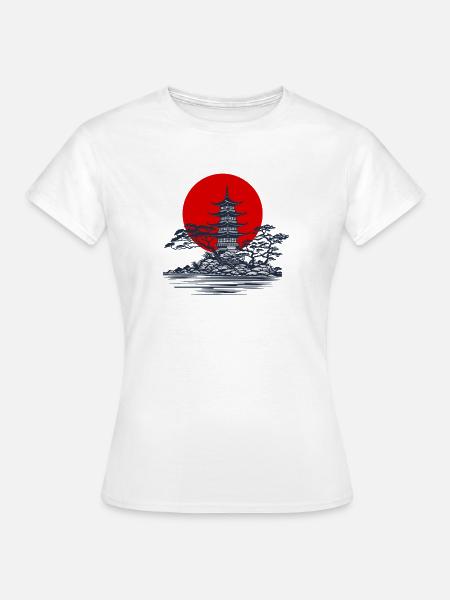 Pagode Silhouette mit roter Sonne Szene - Frauen T-Shirt - Weiß