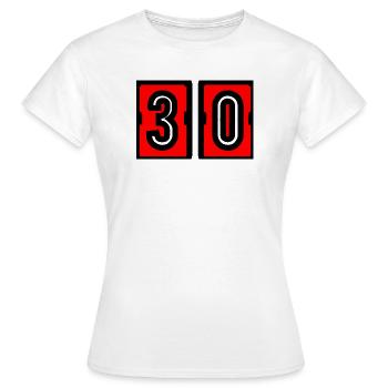 30. 30 YEARS. 30th ANNIVERSARY. 30 YEARS ANNIVERSARY. - Women's T-Shirt - white - Front - AI Model Female 172 dark (172cm)