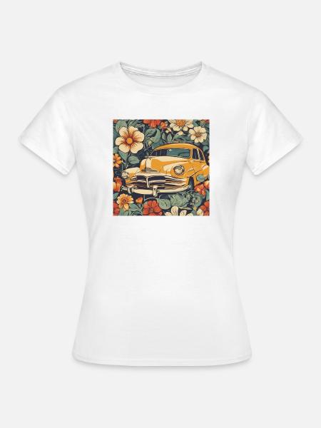 Vintage Auto im Blumenkosmos - Frauen T-Shirt - Weiß