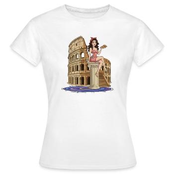 Pinup at Colosseum with pizza - Women's T-Shirt - white - Front - AI Model Female 172 dark (172cm)