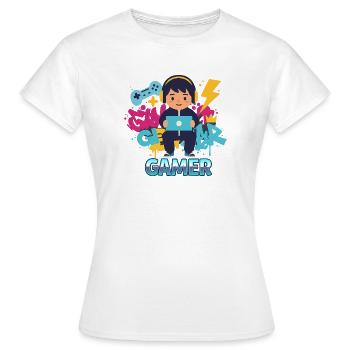 Gamer Kid with game pad and headphones - Women's T-Shirt - white - Front - AI Model Female 172 dark (172cm)