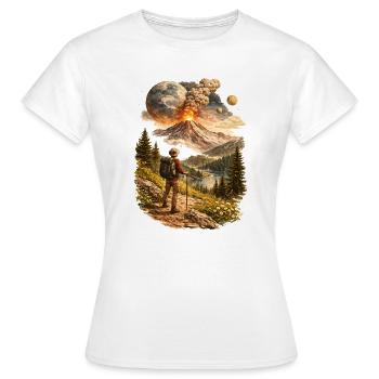 Des randonneurs devant un volcan en éruption et un monde étrange - T-shirt Femme - blanc - Devant - AI Model Female 172 dark (172cm)