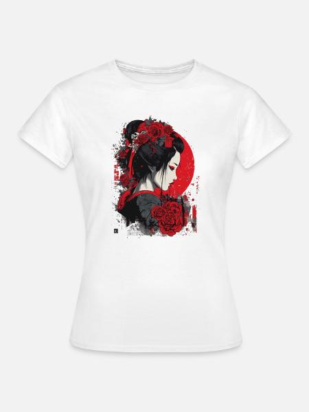Geisha mit roten Rosen - Frauen T-Shirt - Weiß
