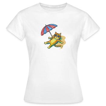 Chat de plage coloré avec parasol - T-shirt Femme - blanc - Devant - AI Model Female 172 dark (172cm)