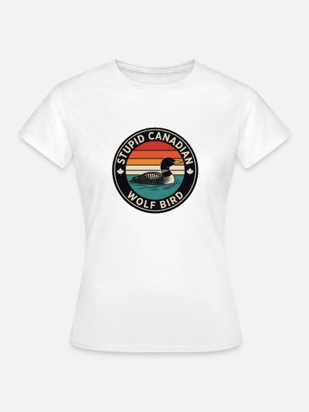 Lustiger kanadischer Loon Wolf Bird Retro-Sonnenuntergang - Frauen T-Shirt - Weiß