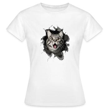 Katze erschrocken Mauer Durchbruch Risse  - Frauen T-Shirt - Weiß - Vorne - AI Model Female 172 dark (172cm)