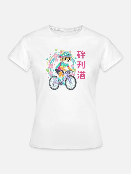 Neon-Katzenradfahrer mit Blüten - Frauen T-Shirt - Weiß