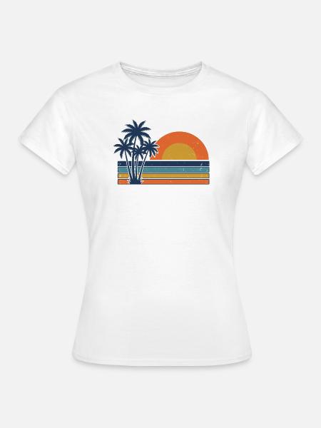 Retro Sonnenuntergangs-Palmen Sommerstrand - Frauen T-Shirt - Weiß