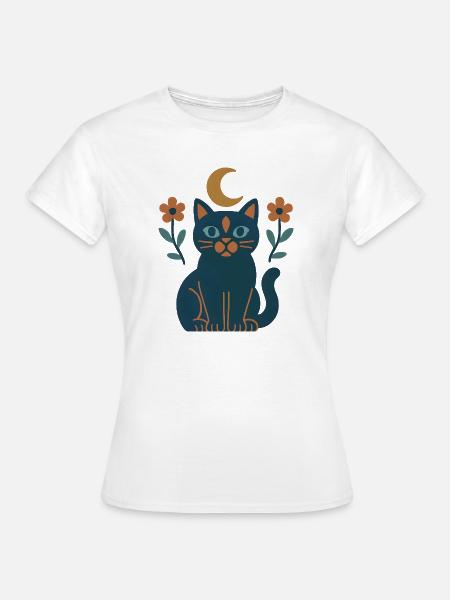 Mondkatze mit Nachtblumen - Frauen T-Shirt - Weiß