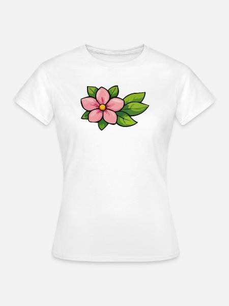 Rosa Blüte mit grünen Blättern - Frauen T-Shirt - Weiß