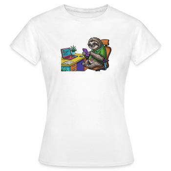 Paresseux de bureau avec ordinateur portable et smartphone - T-shirt Femme - blanc - Devant - AI Model Female 172 dark (172cm)