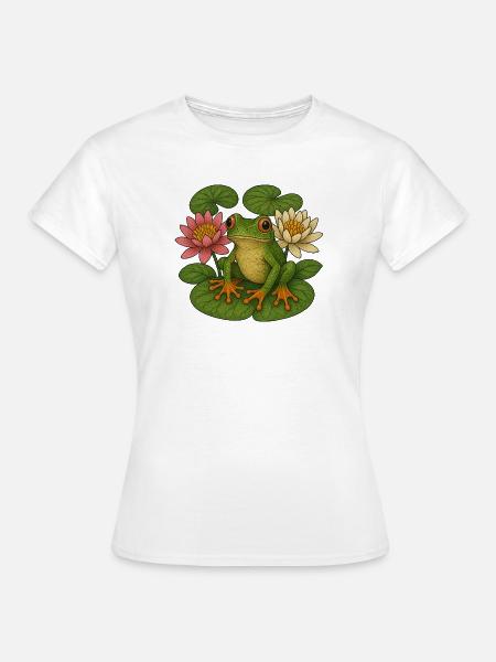Grüner Frosch unter Lotuslilien - Frauen T-Shirt - Weiß