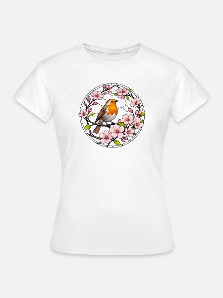 Rotkehlchen mit Kirschblüten Glasfensterstil - Frauen T-Shirt - Weiß
